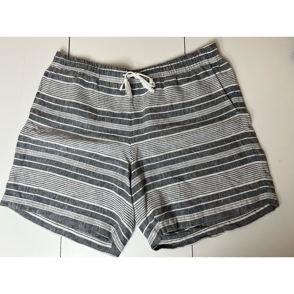 J. Jill Love Linen Gray White Striped Shorts Sz M Elastic Drawstring Waist
